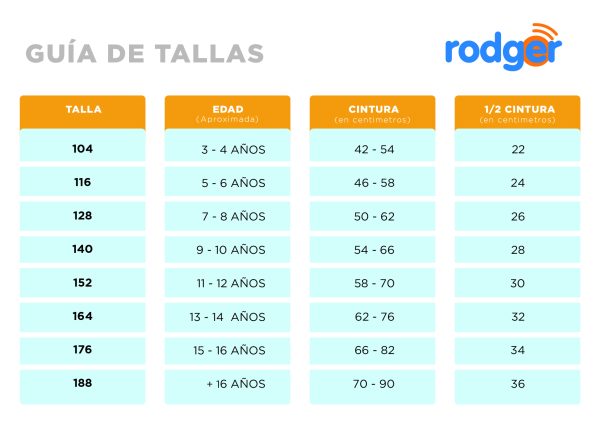 En esta guía de tallas podrá ver cuántos centímetros mide la cintura de cada talla. Talla 104 = cintura elástica de 42 a 54 cm. Talla 116 = cintura elástica de 46 - 58 cm. Talla 128 = cintura elástica de 50 - 62 cm. Talla 140 cm = cintura elástica de 54 - 66 cm. Talla 152 cm = cintura elástica de 58 - 70 cm. Talla 164 cm = cintura elástica de 62 - 76 cm. Talla 176 = cintura elástica de 66 - 82 cm. Talla 188 = cintura elástica de 70 - 90 cm.