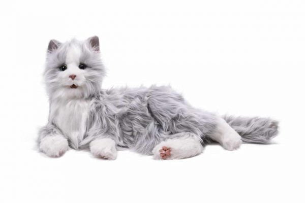 interactieve kat specifiek voor ouderen van merk Hasbro Joy for all in grijs