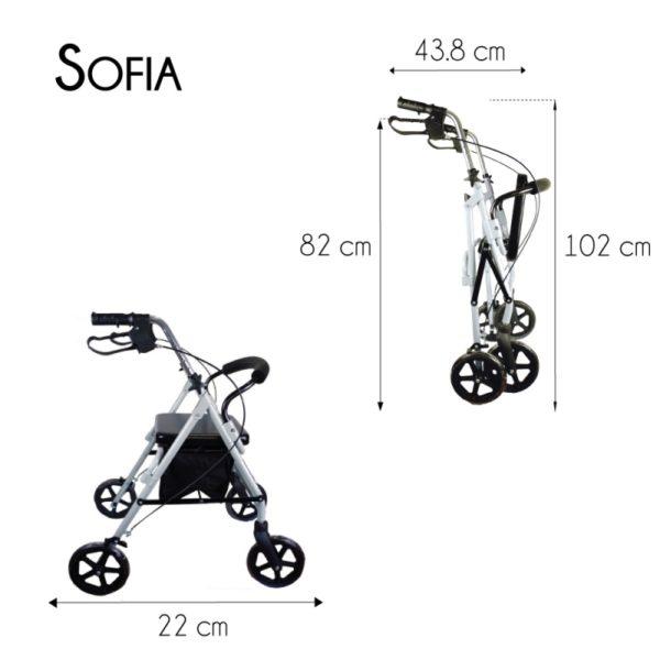 De afmetingen van de ingeklapte rollator zijn: breedte 43,8, totale hoogte 102 cm.