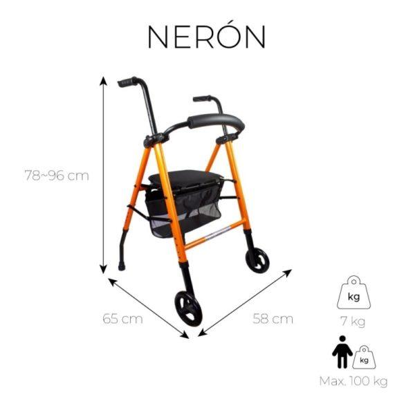 Afmetingen rollator: breedte 58 cm, lengte 65 cm en in hoogte verstelbaar van 78 tot 96 cm.