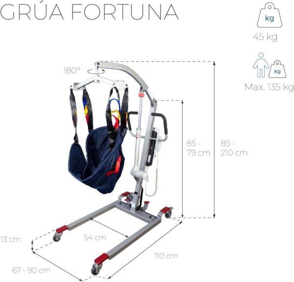 La medidas de esta grúa son: alto de 85 a 210 cm, largo 110 cm y ancho de 67 a 90 cm. El brazo gira 180º.