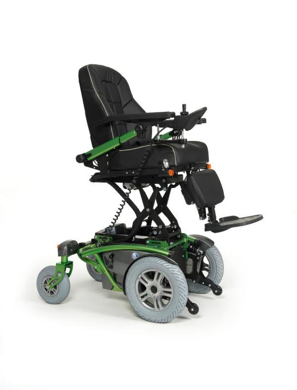 Silla de ruedas eléctrica modelo Timix de la marca Vermeiren en color verde. El modelo Timix cuanta con elevación.