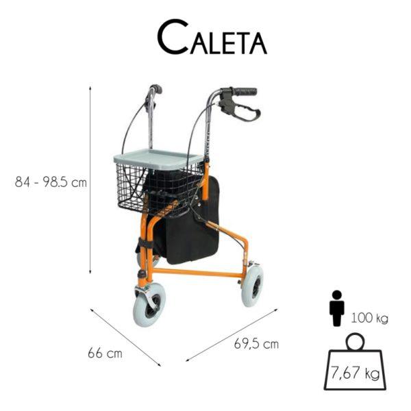 Las dimensiones de este andador cuando esta preparado para utilizar son: 66 cm de ancho, 69.5 cm de largo y una altura regulable de 84- 98.5 cm.