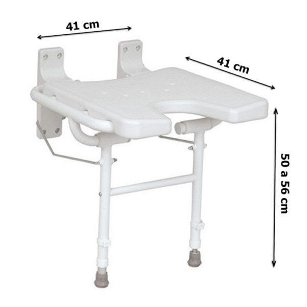 Esta silla de ducha plegable tiene forma ergonómica de herradura, es plegable y tiene unas dimensiones de: 41 cm de ancho, 41 cm de largo y la atura es ajustable entre 50 y 56 cm.