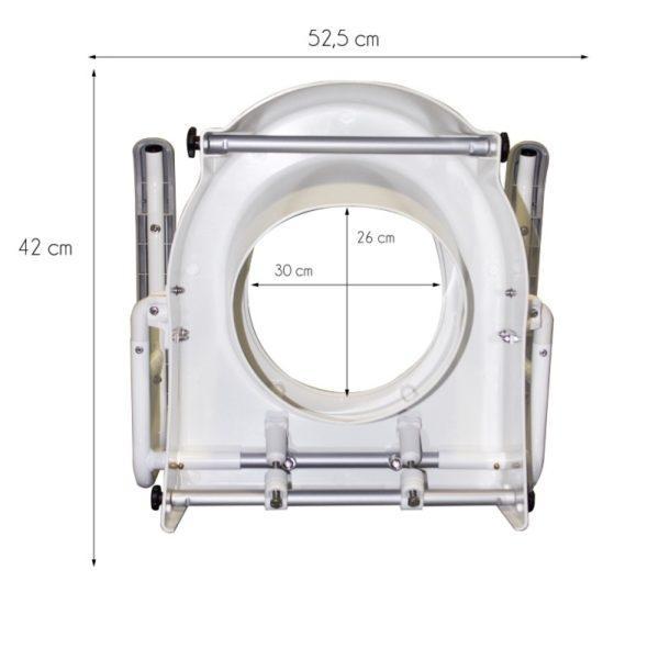 Las dimensiones de este elevador son; 52,5 cm de ancho total y 42 cm de largo. Las medidas del agujero central son: 26 cm de largo x 30 cm de ancho.