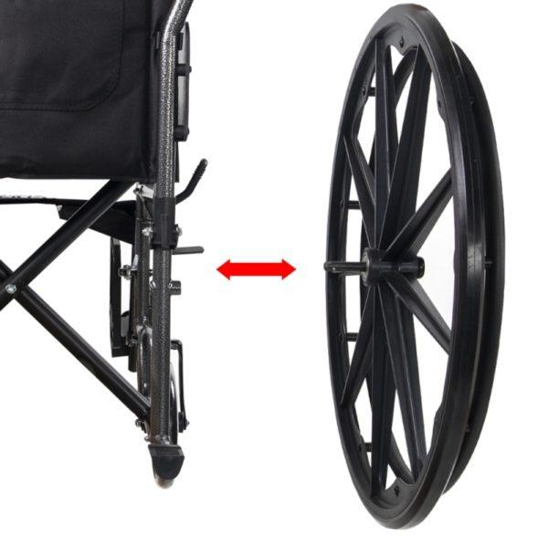 De rolstoel is uitgerust met een Quick Release systeem, zodat de wielen zeer snel kunnen worden verwijderd wanneer de rolstoel moet worden opgeborgen.