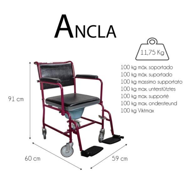 Las dimensiones de esta silla son: 91 cm de alto, 60 cm de largo y 59 cm de ancho. Puede soportar un peso de 100 kg de usuario. El peso total de esta silla es de 11,75 kg.