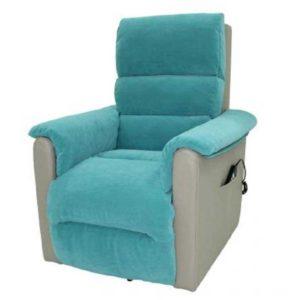 Sillón Cosy Up de la marca de confianza Invacare. Con la base del sillón tapizada en polipiel y con el acabado de tejido Easy Clean en color turquesa.