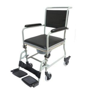 Esta silla con inodoro, ruedas y asiento acolchado, puede utilizarse directamente sobre el inodoro. Hace función de elevador de inodoro o se puede utilizar directamente con la cubeta de recogida.