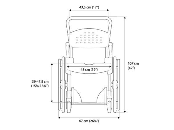 Dimensiones: Ancho del asiento: 48 cm; Ancho total: 67 cm; Altura total: 107 cm