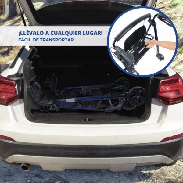 Como este andador plegado mide sólo 24.5 cm, se puede transportar en el maletero de un vehículo tipo Volkswagen Polo. Asegúrese de las medidas de sus puertas y vehículo para comprobar que le viene bien.