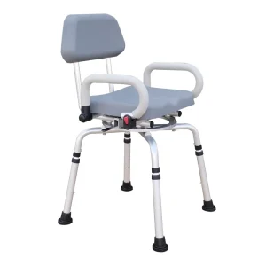 Lo más destacable de esta silla de ducha: - Asiento acolchado - Giro con bloqueo 360º - Altura ajustable - Aluminio ligero y resistente.