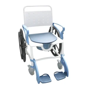 Silla de ducha autopropulsable con inodoro integrado, estructura resistente en GRP, ruedas intercambiables y cubeta extraíble. Ideal para personas con movilidad reducida. Para usuarios de hasta 150 kg.