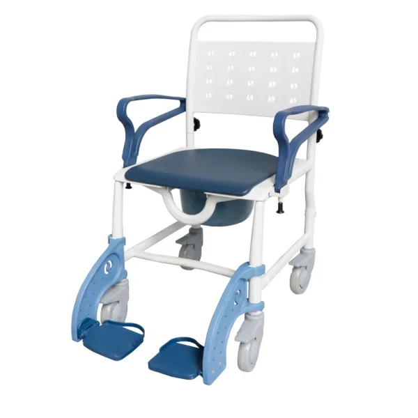 Esta silla permite el uso directo sobre el inodoro como elevador e incluye una cubeta extraíble para mayor comodidad y funcionalidad. Además, cuenta con reposabrazos abatibles, reposapiés desmontables y una altura de asiento de 50 cm que facilita el acceso y mejora la postura del usuario.
