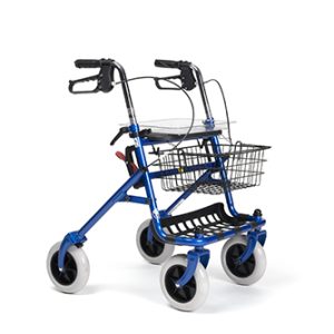 Andador clásico 286 Indigo, color azul, plegable con bandeja, cesta y soporte para bastón. Disponible en dos colores.